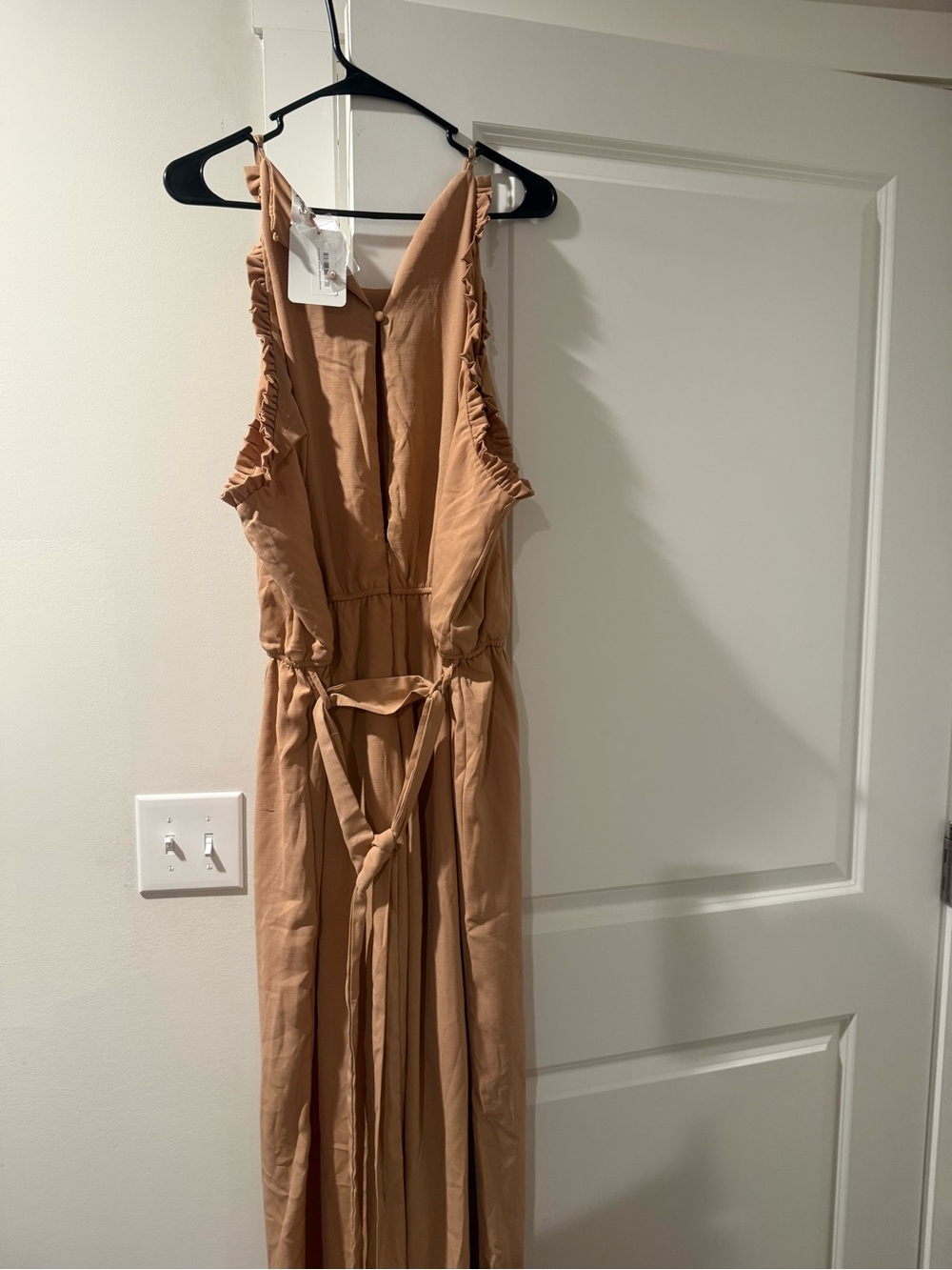 Sleeveless Ruffle Jumpsuit in Camel